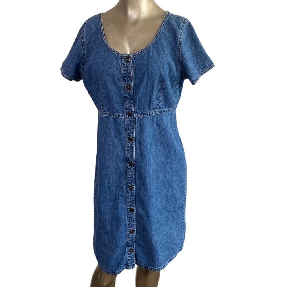 Liz Claiborne Denim Dress 12 Blue Cotton Button Front Short Sleeve Vintage 90s